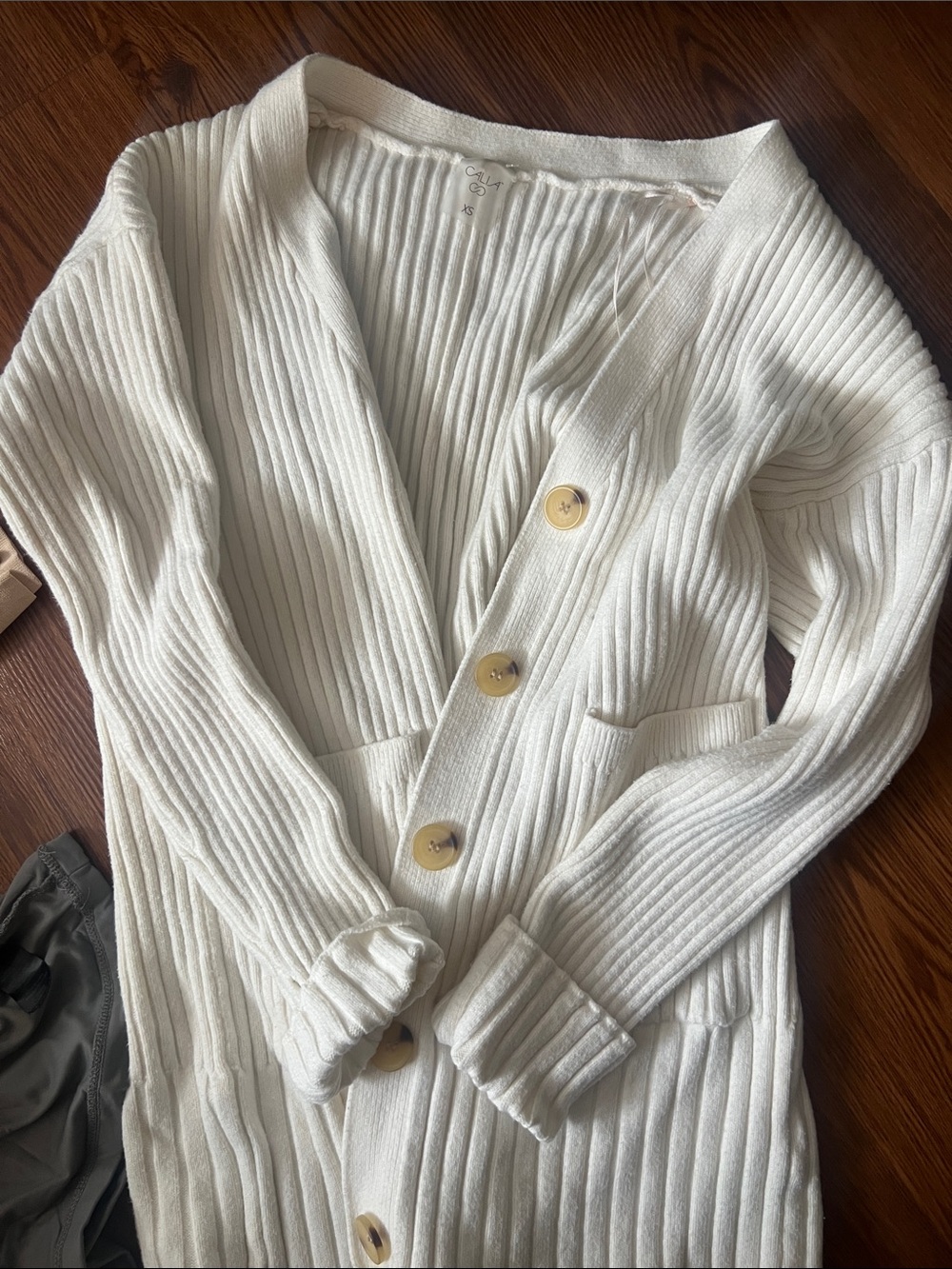 Ribbed Cream Button-Front Cardigan with Patch Pockets